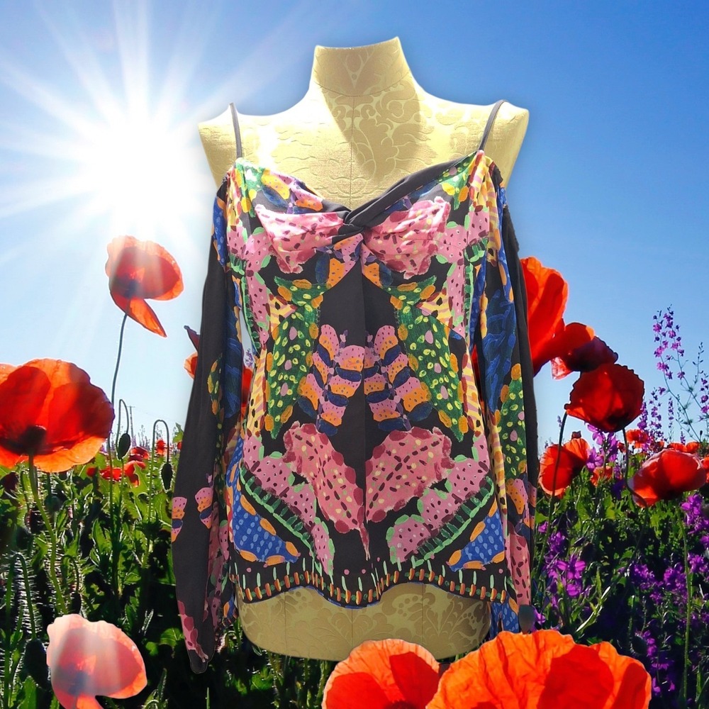 Ecru Blouse Colorful Cold Shoulder Flowy Tropical Boho Summer Luxury Size Med
